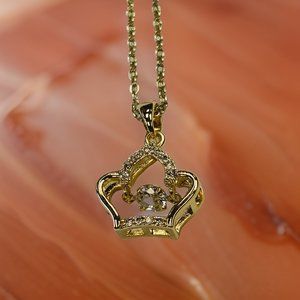 Gold Royal Crown with 1.5 ct Zircon Round Cut Floater Pendant Necklace